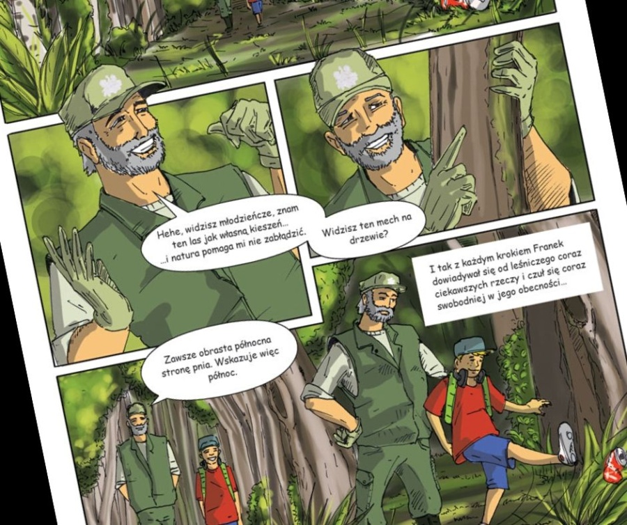 Komiks przyrodniczy o zasadach zachowania w lesie.