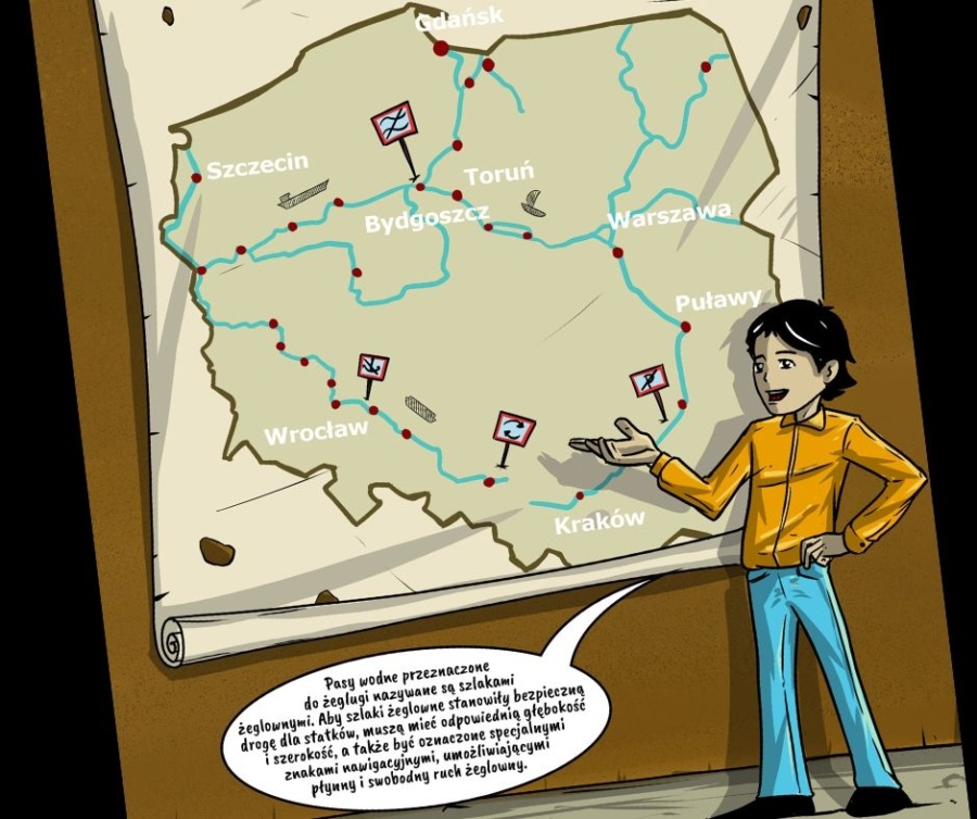 Komiks geograficzny o drogach wodnych w Polsce. 