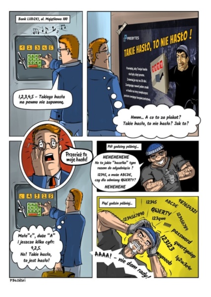 Komiks brandingowy z kampanią reklamową bezpieczeństwa w Internecie -Takie hasło to nie hasło.