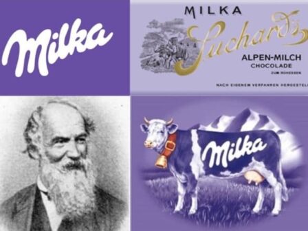 Milka i pierwszy logotyp marki wraz z krową na tle gór.