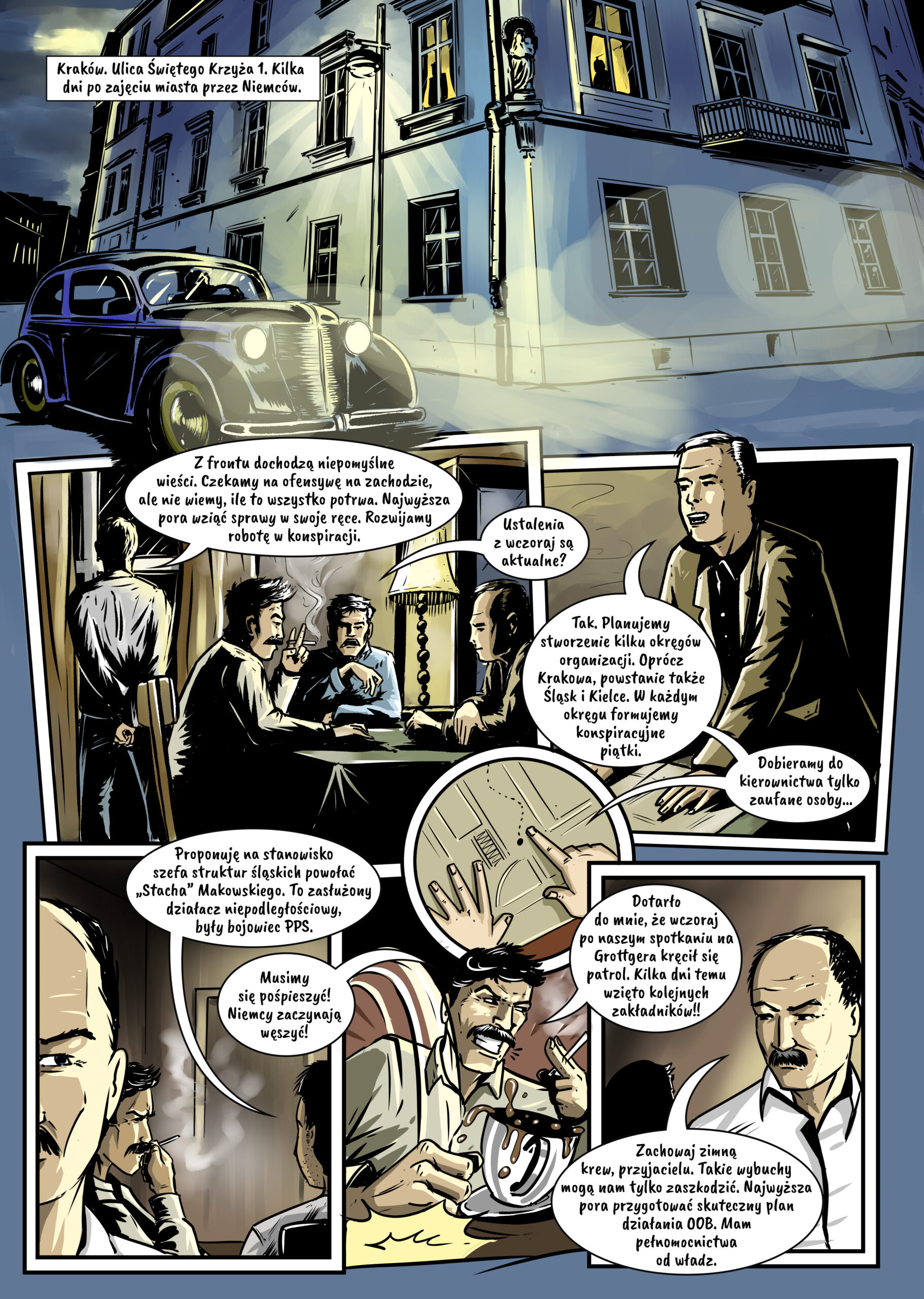 Pierwsza strona komiksu historycznego o początkach krakowskiej konspiracji